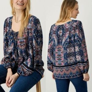 Monsoon Elaina Navy Blue Multicolor Paisley Square Neck Top Sz 4 Boho Cottage
